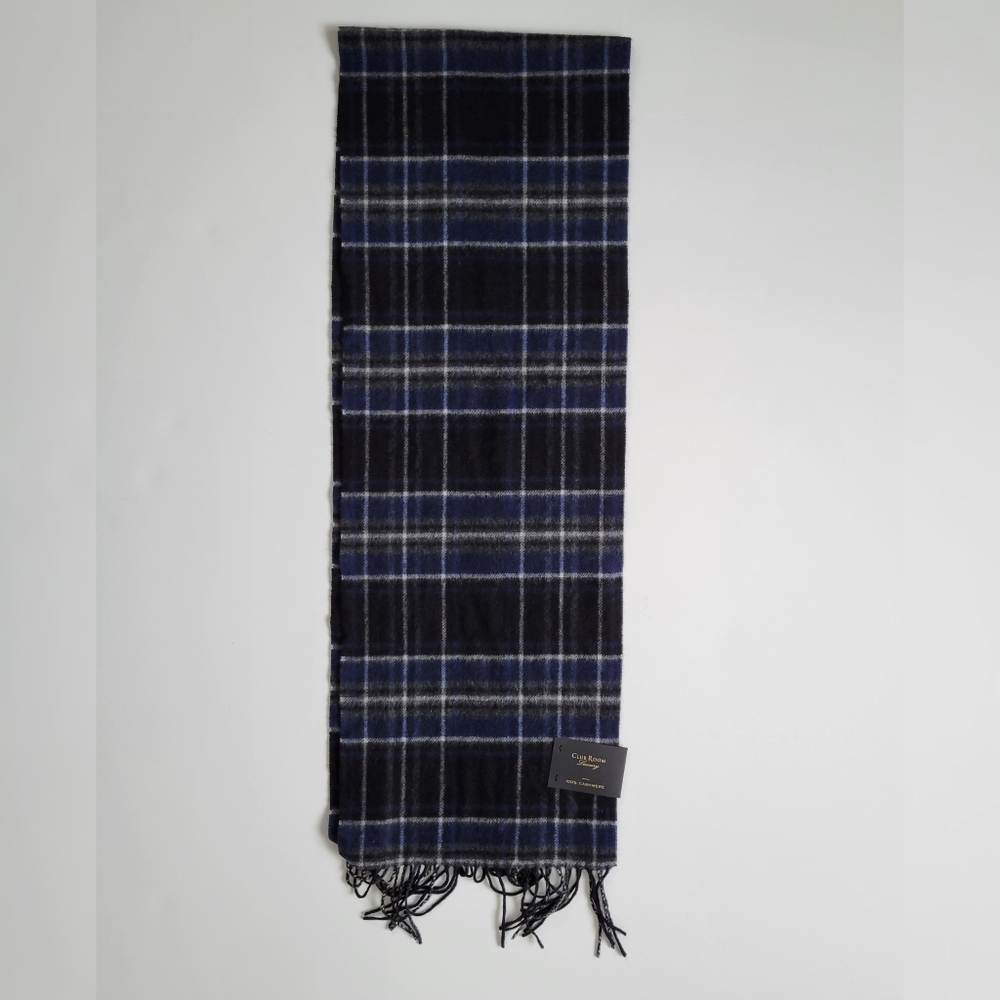 🆕️100% Cashmere Club Room Men's Blue Plaid Scarf - Picture 4 of 9